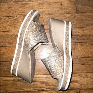 Sparkling Rose Gold Slide Wedge Sandals